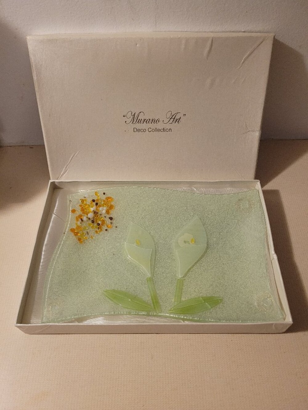 NIB Vintage Murano Art Textured Glass Deco Collection Lily Plate Dish 6X8.5in